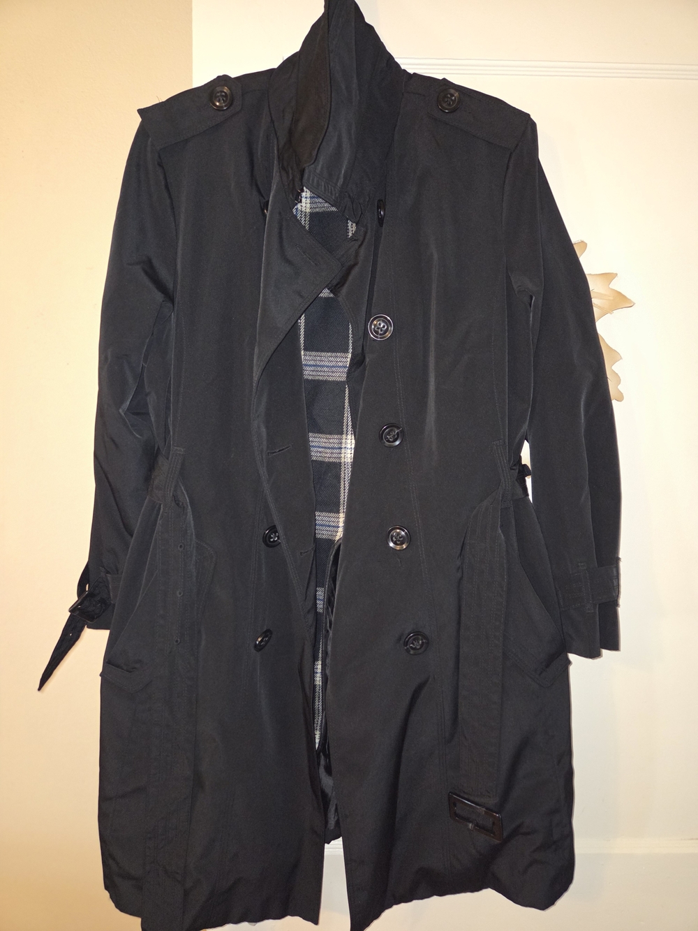 London Fog Black Double-Breasted Trench with Plaid Lining